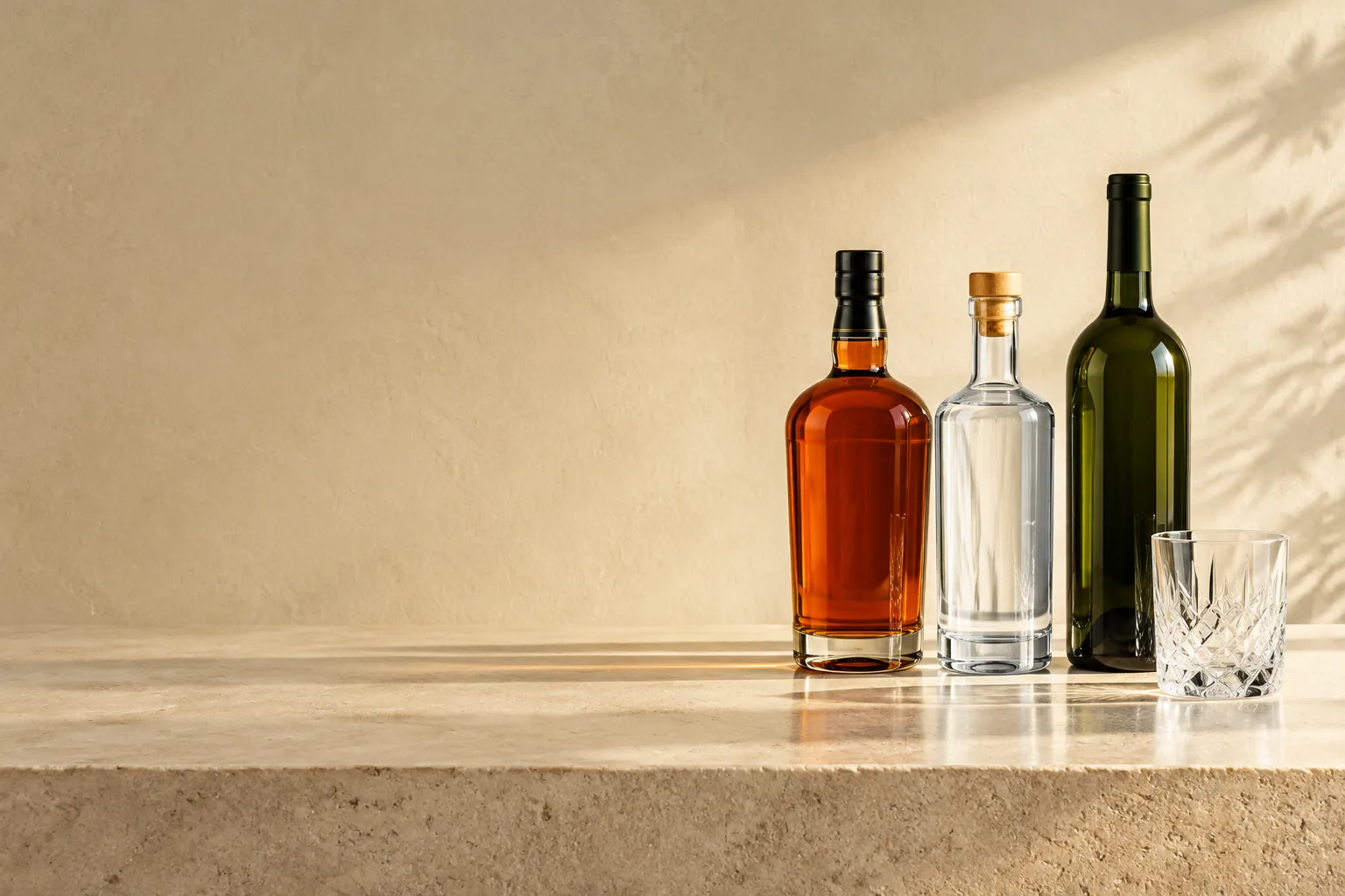 Unbranded spirits and wine bottles on a limestone counter